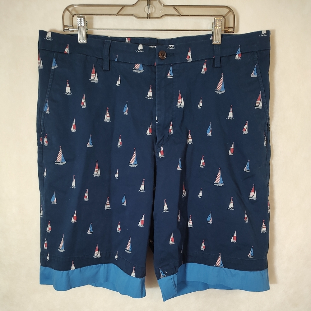 Land's End Men's Nautical Bermuda Chino Shorts Blue Sz 38 Flat Front Blue